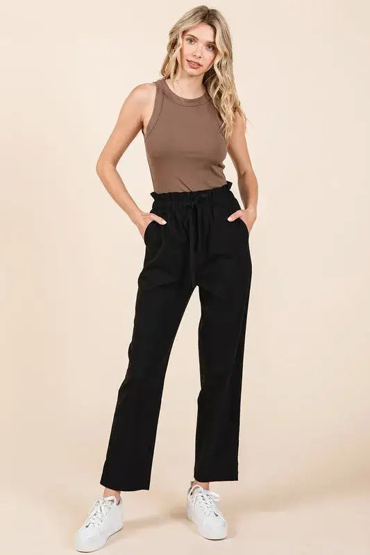 Mittoshop Paperbag Waist Tapered Straight Pants - Black / S