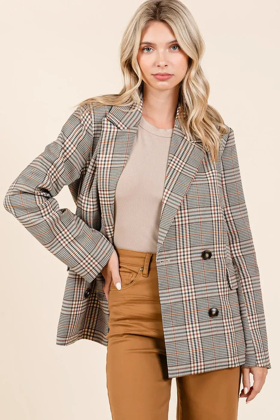 Mittoshop plaid double-breasted relaxed fit blazer in beige and brown tones