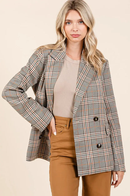 Mittoshop plaid double-breasted relaxed fit blazer in beige and brown tones