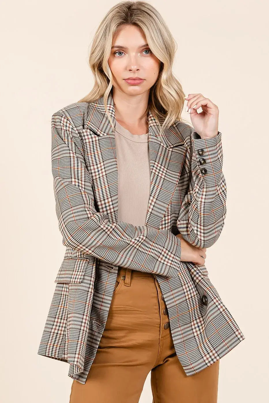 Mittoshop plaid double-breasted relaxed fit blazer with notched lapels in taupe and black
