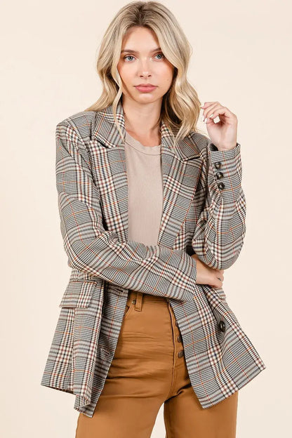 Mittoshop plaid double-breasted relaxed fit blazer with notched lapels in taupe and black