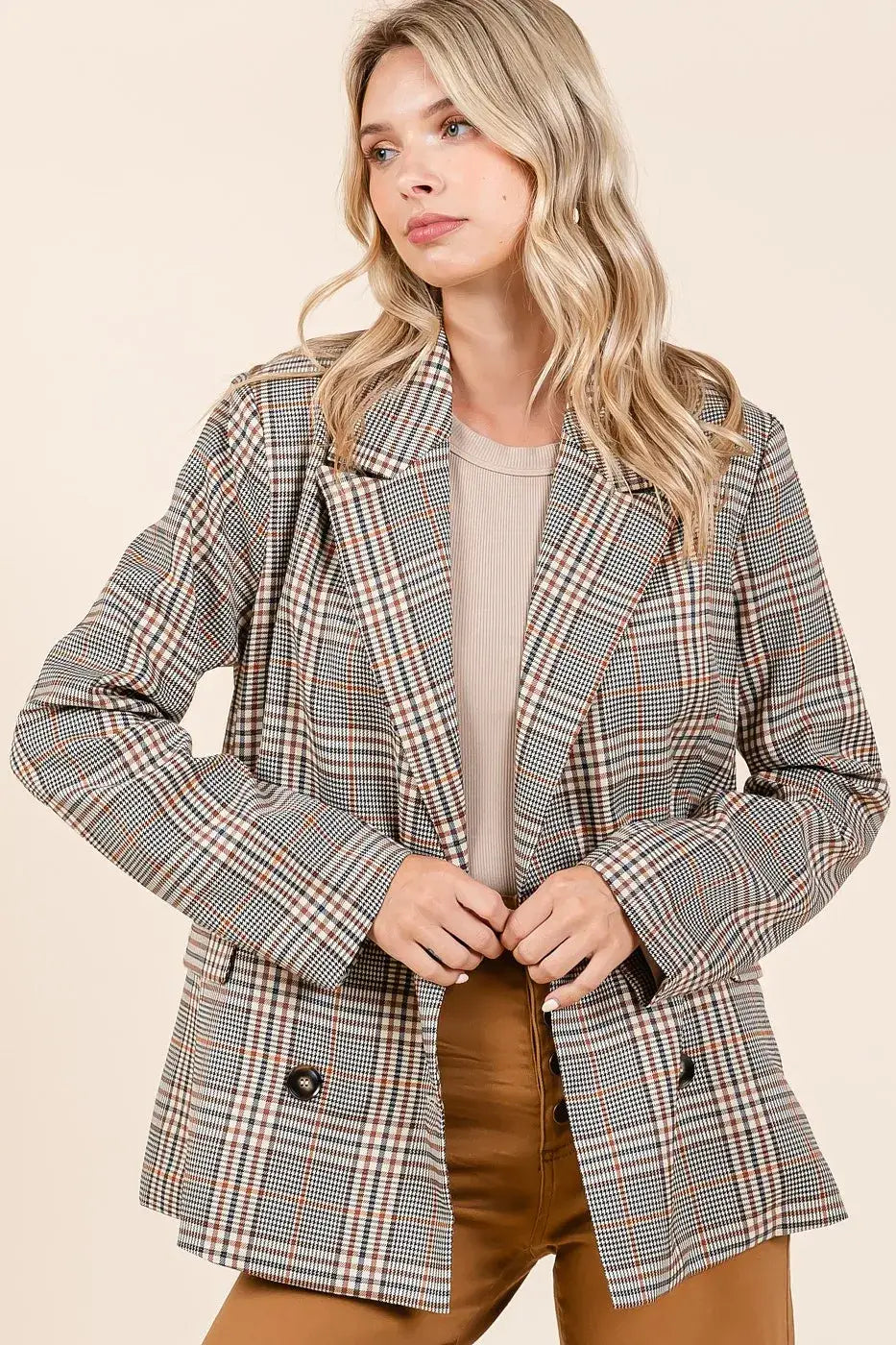 Mittoshop plaid double breasted blazer with relaxed fit and classic checkered pattern