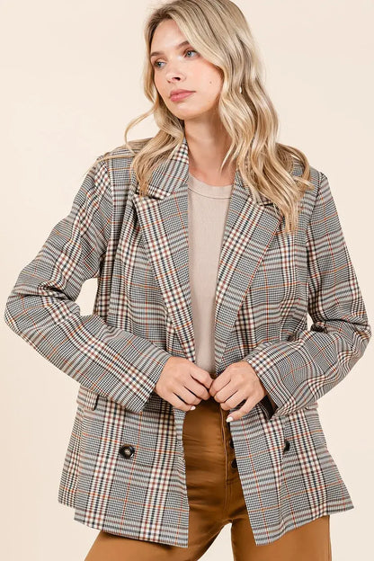 Mittoshop plaid double breasted blazer with relaxed fit and classic checkered pattern