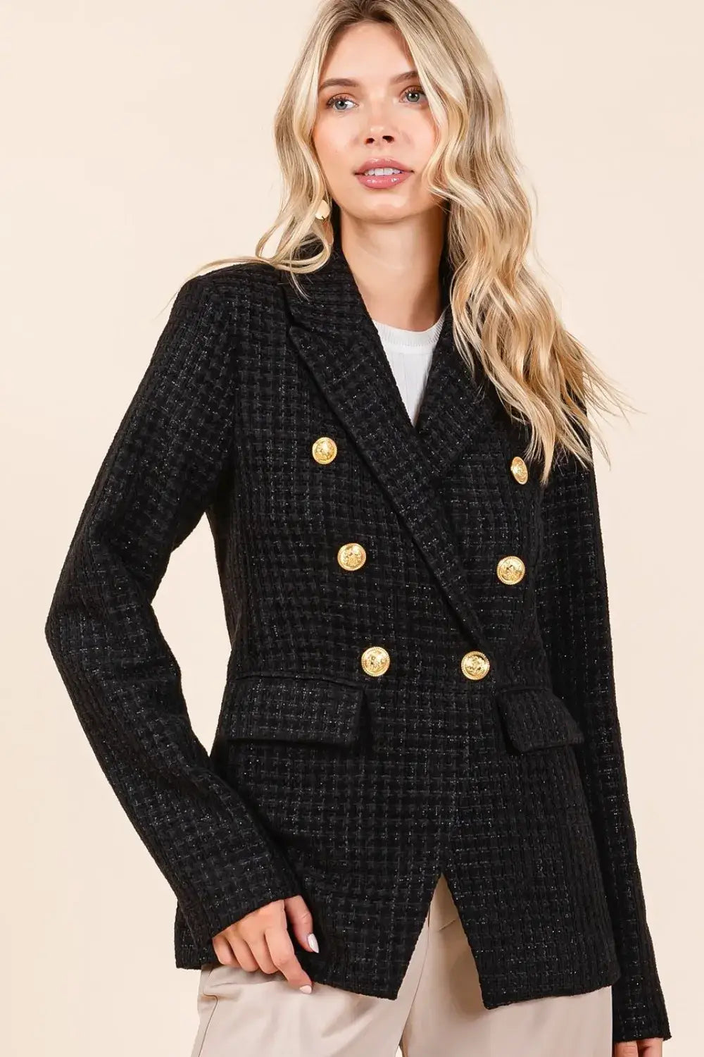 Mittoshop Plaid Texture Double-Breasted Long Sleeve Blazer - Black / S