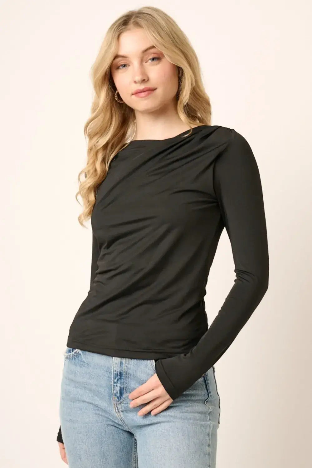 Black Ruched Long Sleeve Slim Top with stretchy fabric from Mittoshop