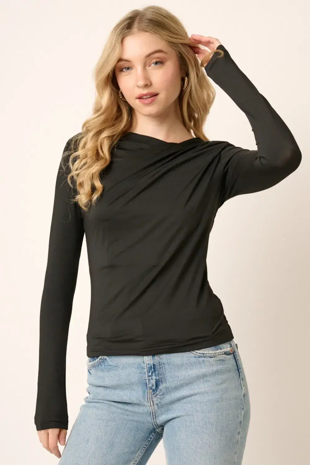 Black Mittoshop Ruched Long Sleeve Slim Top with asymmetrical neckline and ribbed cuffs