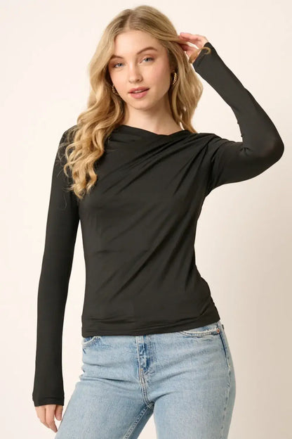 Black Mittoshop Ruched Long Sleeve Slim Top with asymmetrical neckline and ribbed cuffs