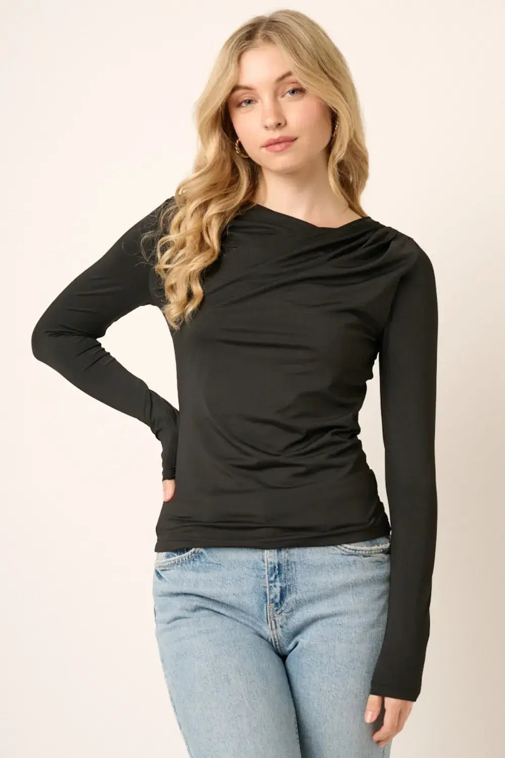 Black Mittoshop Ruched Long Sleeve Slim Top with draped neckline and ribbed cuffs