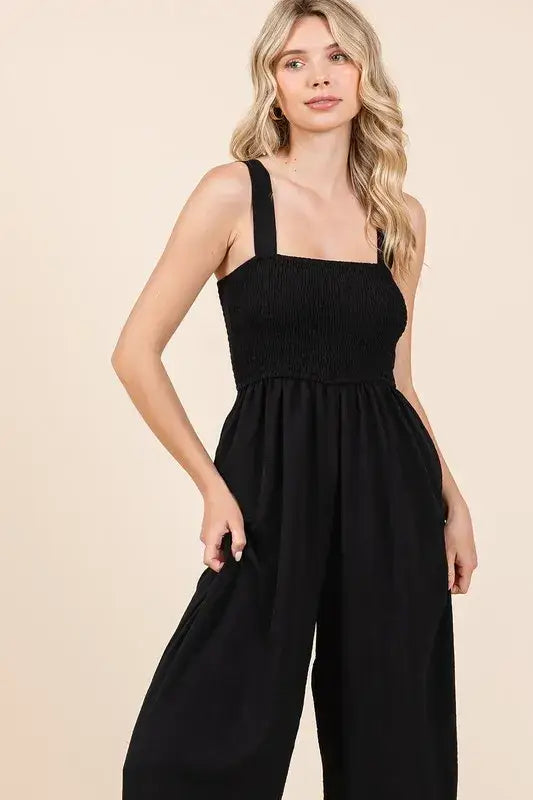 Mittoshop Smocked Wide Strap Wide Leg Overalls