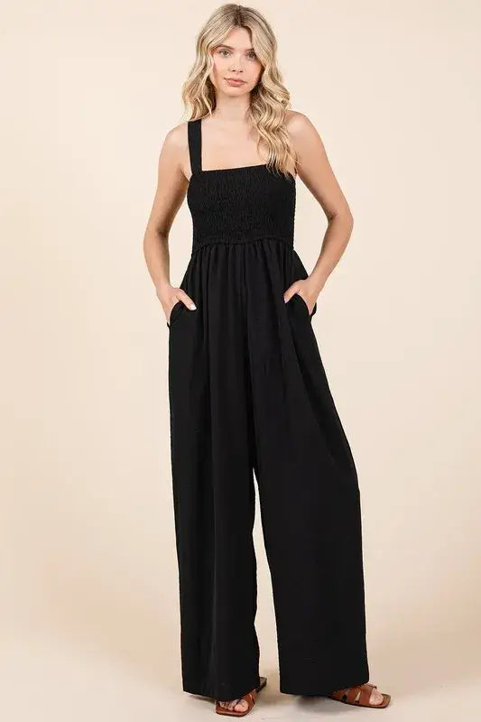 Mittoshop Smocked Wide Strap Wide Leg Overalls - Black / S