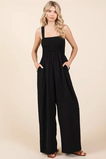 Mittoshop Smocked Wide Strap Wide Leg Overalls - Black / S