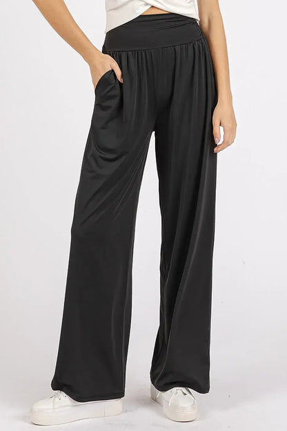 Mittoshop Stretch Banded Waist Wide Leg Pants with Pockets - Black / S