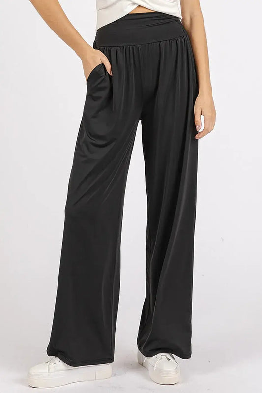 Mittoshop Stretch Banded Waist Wide Leg Pants with Pockets - Black / S