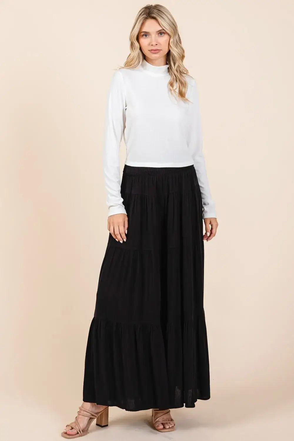 Mittoshop Tier Detail Smocked Elastic Waist Wide Leg Pants - Black / S