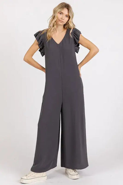 Mittoshop V-Neck Ruffled Cap Sleeve Wide Leg Jumpsuit