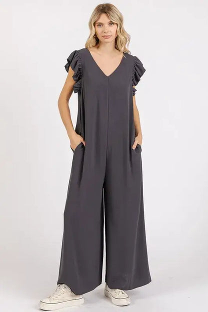 Mittoshop V-Neck Ruffled Cap Sleeve Wide Leg Jumpsuit - Charcoal / S
