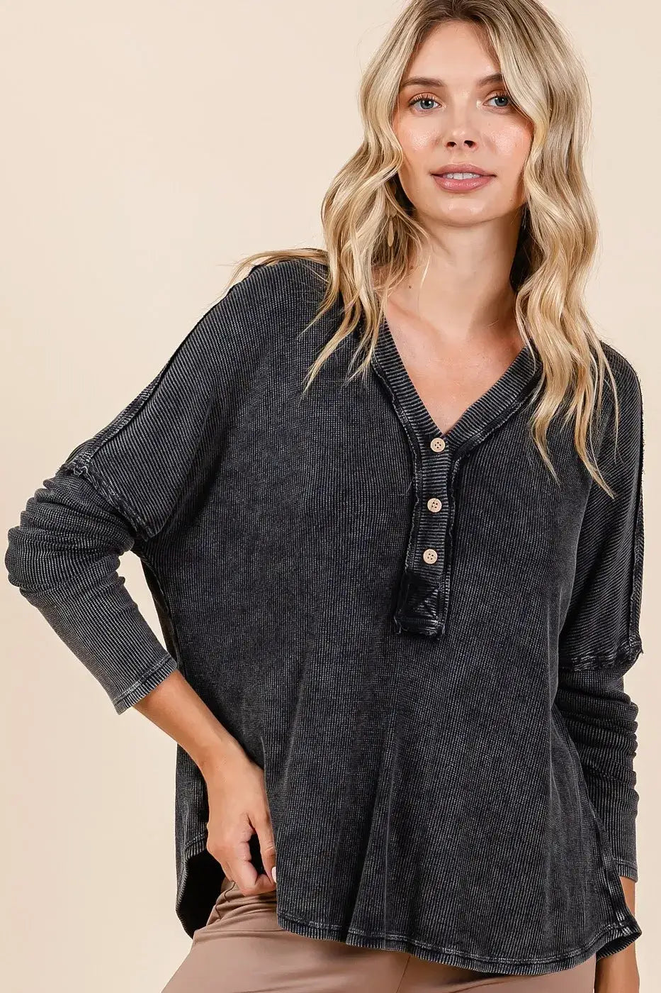 Mittoshop Washed V-Neck Long Sleeve Blouse - Charcoal / S