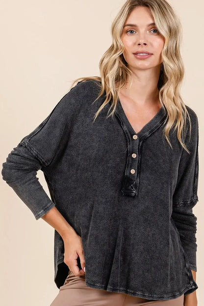 Mittoshop Washed V-Neck Long Sleeve Blouse - Charcoal / S