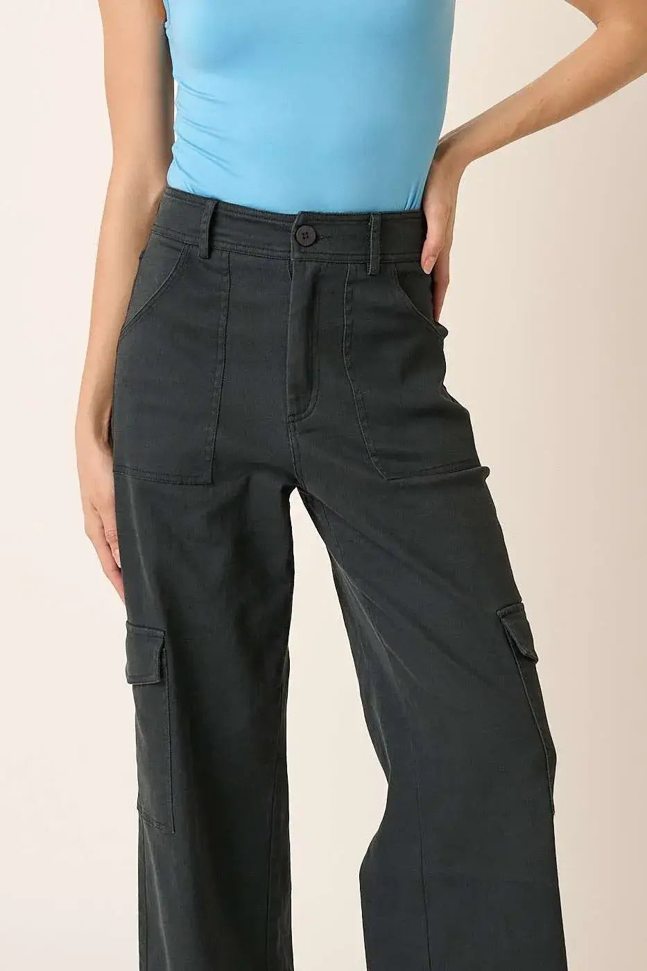 Mittoshop Wide Leg High Waist Pants with Cargo Pockets - Pants with Cargo Pockets