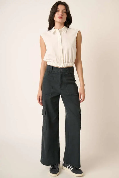 Mittoshop Wide Leg High Waist Pants with Cargo Pockets - Pants with Cargo Pockets