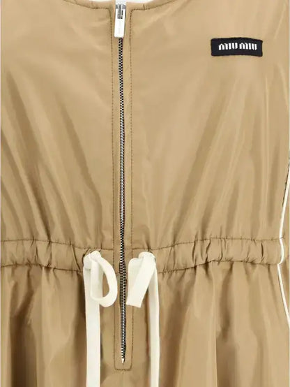 Miu Miu beige silk tec dress with front zipper and white drawstring waist