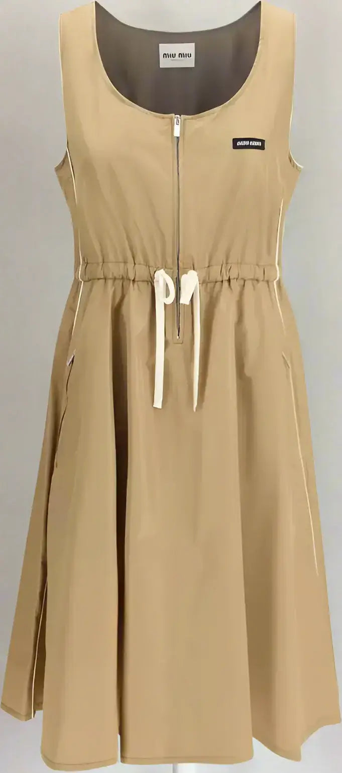Miu Miu beige Silk Tec Dress with sleeveless design, front zipper, drawstring waist