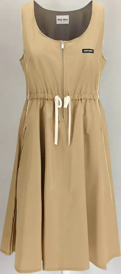 Miu Miu beige Silk Tec Dress with sleeveless design, front zipper, drawstring waist