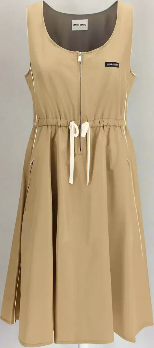 Miu Miu beige Silk Tec Dress with sleeveless design, front zipper, drawstring waist