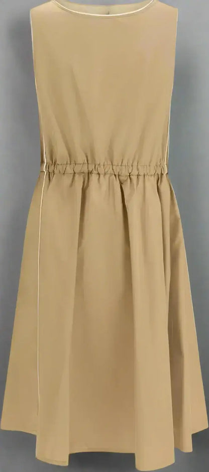 Tan sleeveless midi silk tec dress with gathered waist from MIU MIU beige Silk tec Dress