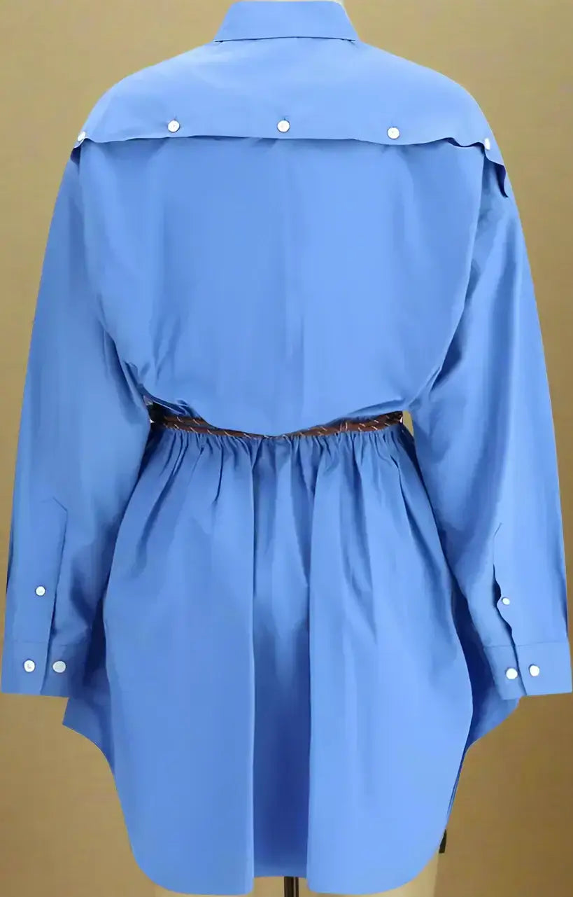 Light blue Miu Miu blue chemisier dress with white buttons and braided belt