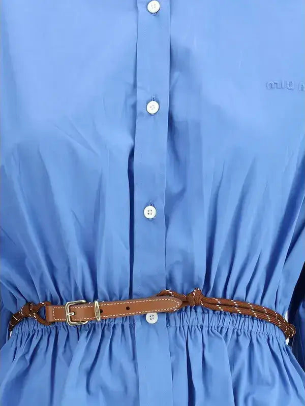 Miu Miu blue chemisier dress with white buttons and braided brown leather belt
