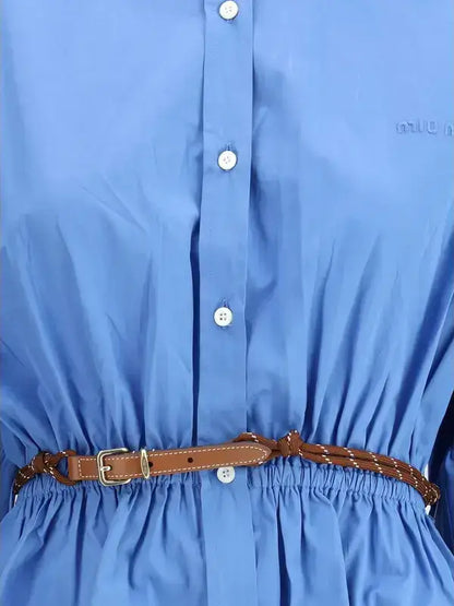 Miu Miu blue chemisier dress with white buttons and braided brown leather belt