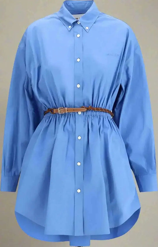 Light blue Miu Miu blue chemisier dress with white buttons and brown leather belt