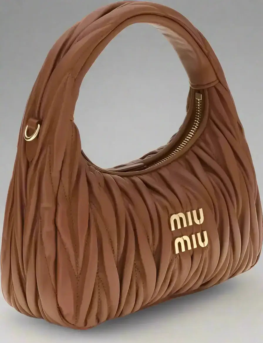 Brown Ruched Leather Miu Miu Wandler Hobo Handbag with Top Zipper Closure
