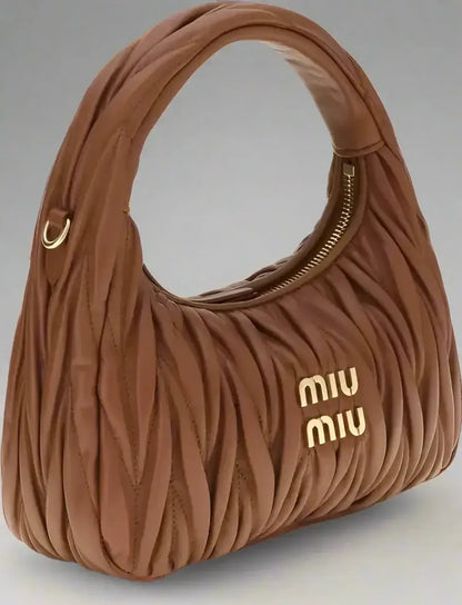 Brown Ruched Leather Miu Miu Wandler Hobo Handbag with Top Zipper Closure