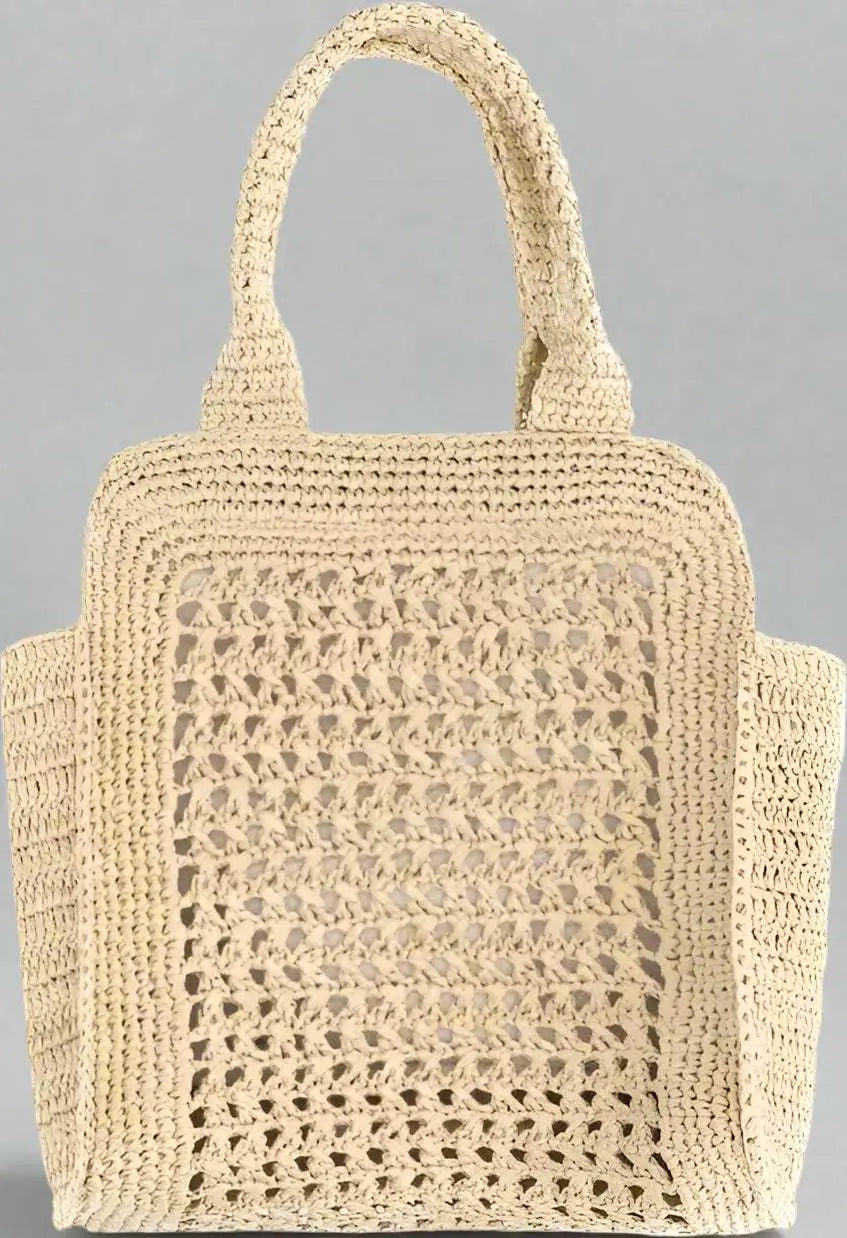 Cream-colored crochet raffia handbag with open-weave panels and front logo, Miu Miu Raffia