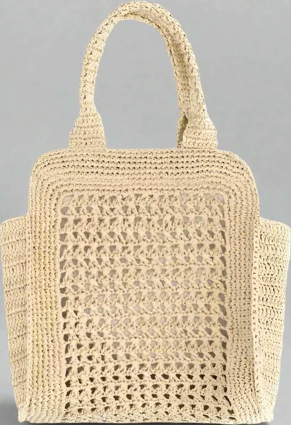 Cream-colored crochet raffia handbag with open-weave panels and front logo, Miu Miu Raffia