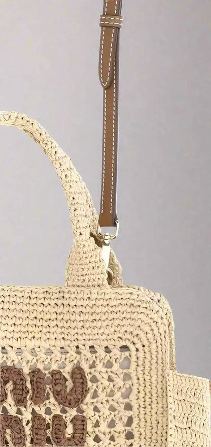 Miu Miu Raffia Handbag with perforated design and brown leather strap for stylish raffia handbag look