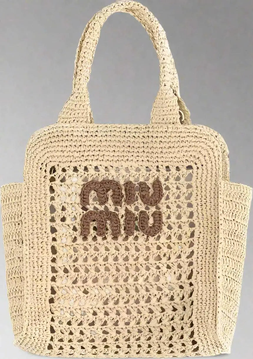 Crocheted raffia handbag with brown Miu Miu logo and perforated design, stylish raffia handbag