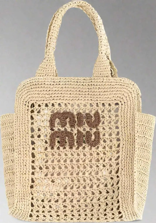 Crocheted raffia handbag with brown Miu Miu logo and perforated design, stylish raffia handbag