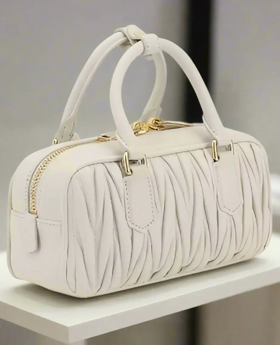 Miu Miu White Leather MATELASSÉ HANDBAG with ruched detailing and gold hardware