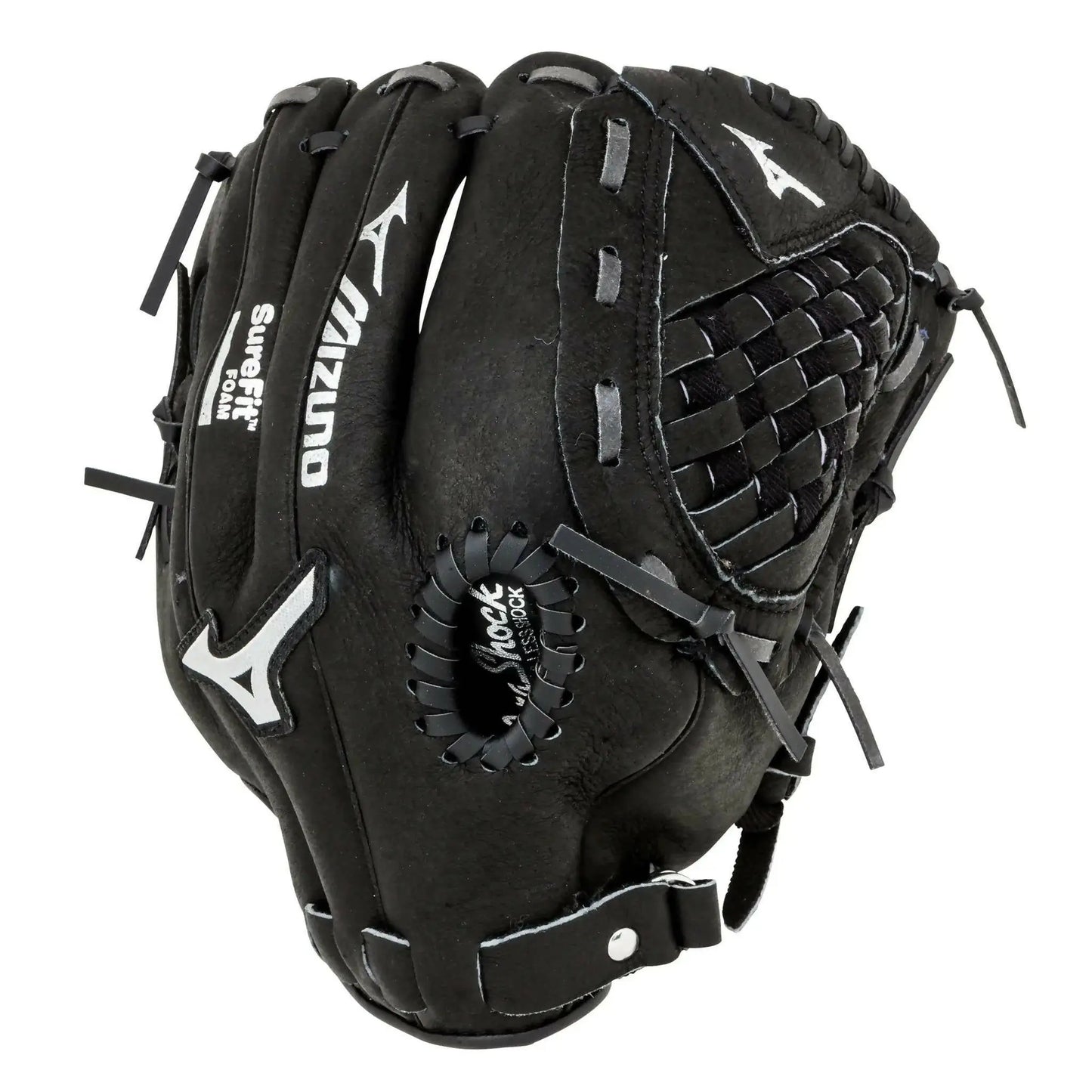 Black leather baseball glove from Mizuno Youth Prospect series for left-handed throwers
