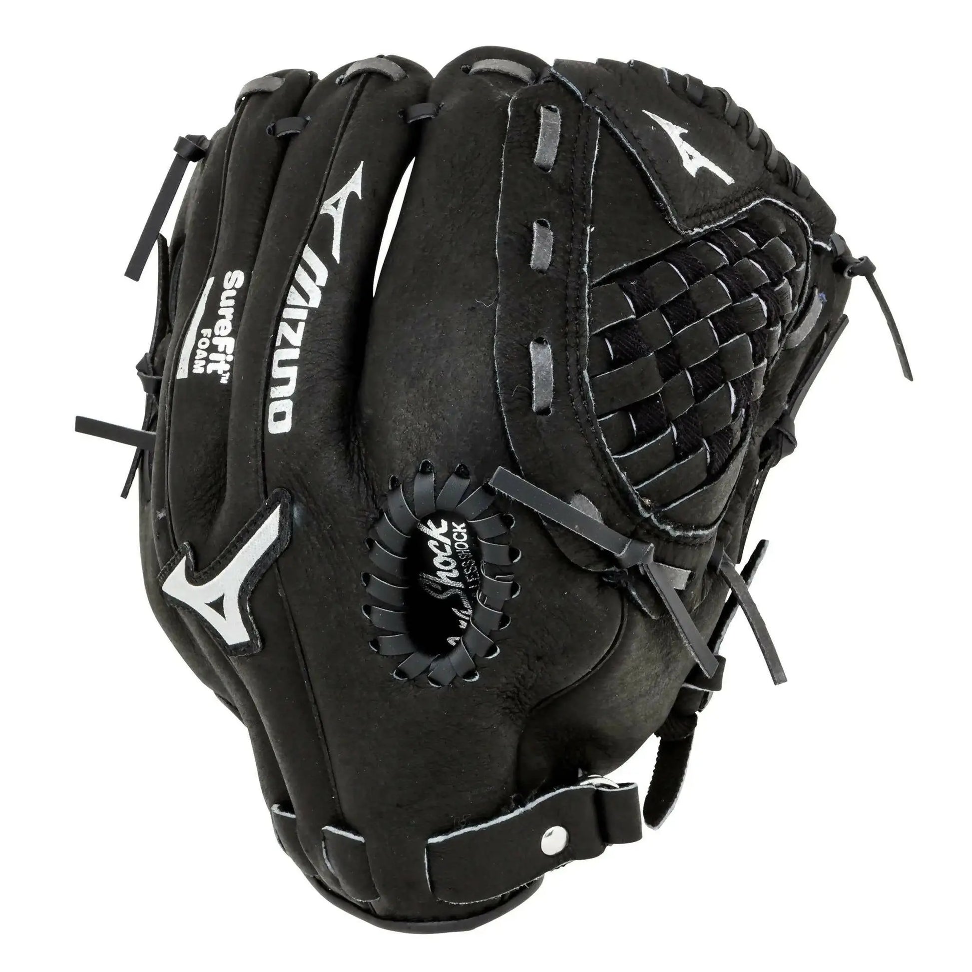 Black leather baseball glove from Mizuno Youth Prospect series for left-handed throwers