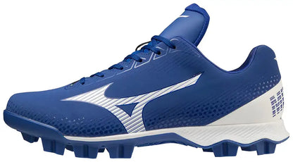 Blue and white Mizuno Wave Lightrevo baseball cleat for men size 10
