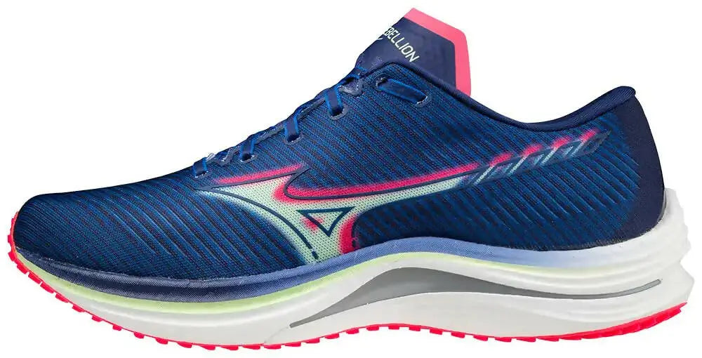 Blue and pink Mizuno Wave Rebellion running shoe for Men in Wave Rebellion series