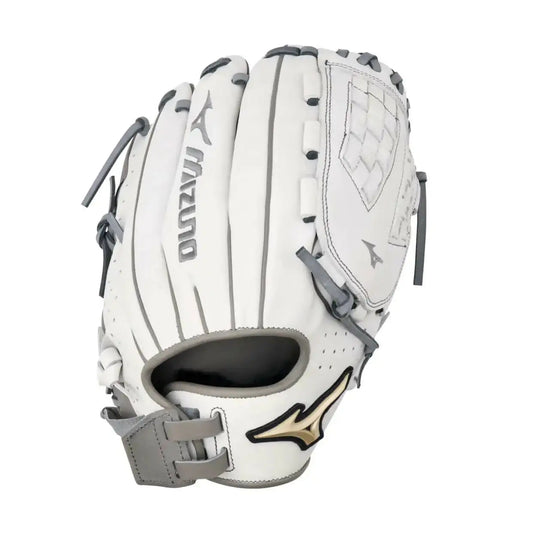 White and gray Mizuno Prime Elite softball glove, 12-inch fastpitch fielders mitt