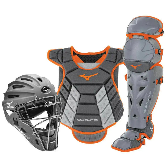 Gray and orange catchers gear set for women from Mizuno Samurai, perfect for youth softball