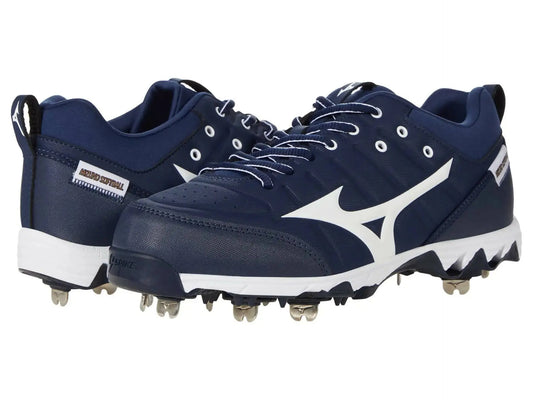 Navy and white metal-cleated Mizuno Spike Swift softball cleat for women, low metal design