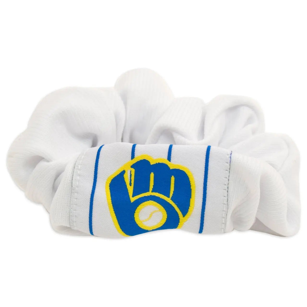 White hair scrunchie featuring Milwaukee Brewers logo for MLB team accessories