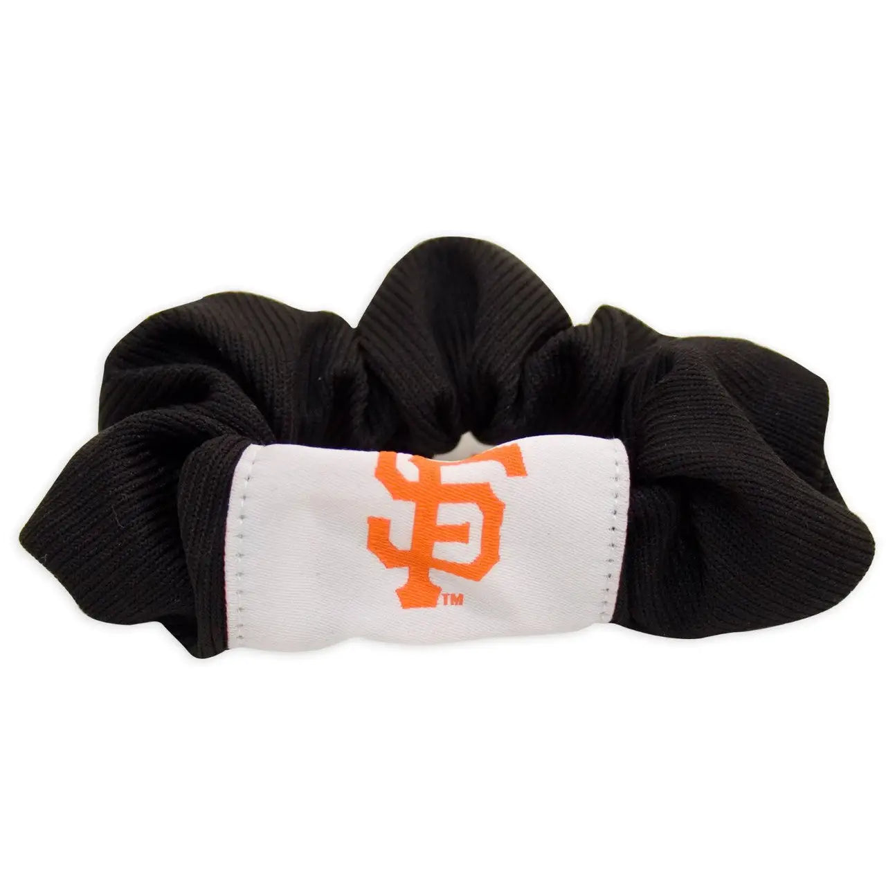 Black hair scrunchie with white band and orange SF logo for team spirit hairstyle